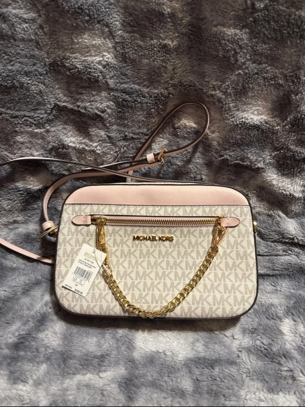 Michael Kors Blush Pink and Vanilla Logo Crossbody with Gold Chain